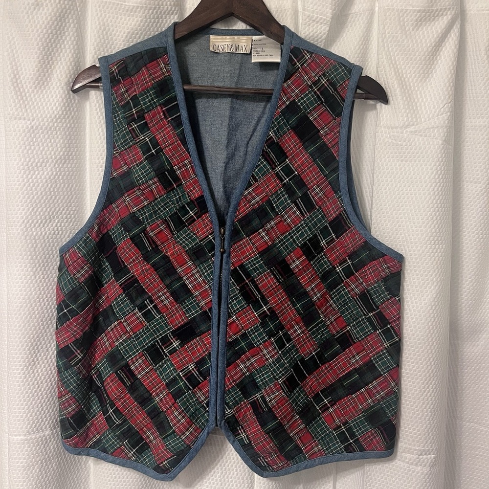 VTG Casey & Max Denim Vest Lattice Quilt Cottagecore Size L Cotton Madras‎ Plaid